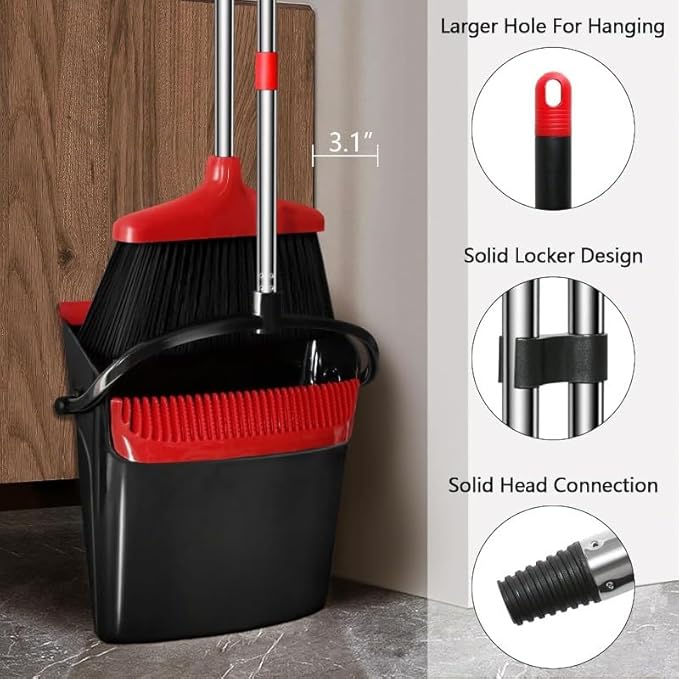 Broom and Dustpan Set, 43-in Long Adjustable Handle Broom Dustpan Combo,Automatically Clean Hair Suitable for Home Kitchen Office Hall Floor,Red