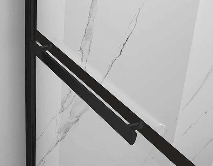 Sunrosa Pivot Tub Shower Door 34"58", Folding Bathtub Door With Tempered Glass, Frameless With Towel Bar, for Bathtub in Matte Black Grid Pattern 1