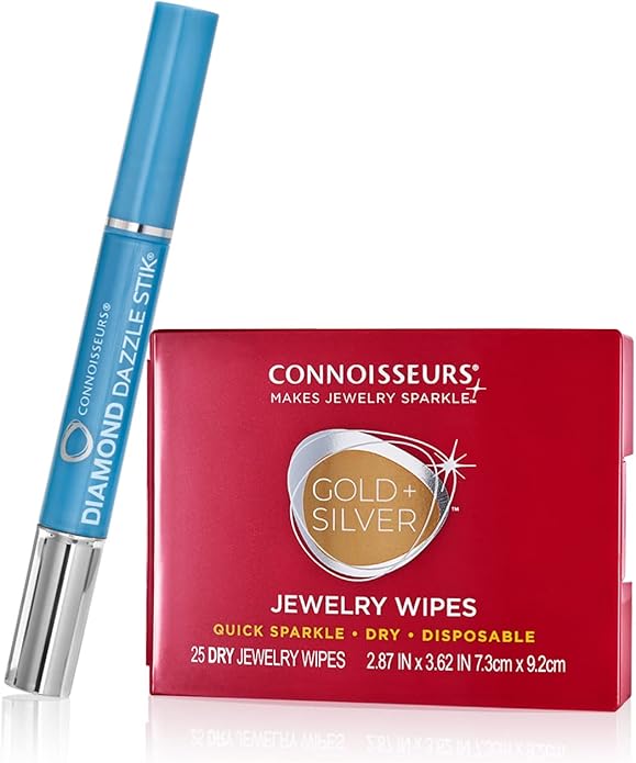 CONNOISSEURS Premium Edition Compact Jewelry Wipes No Rinse Gold and Silver Jewelry Cleaner, Polish and Remove Tarnish to Restore Brilliance, Dry Disposable Wipes, Diamond Dazzle Stik