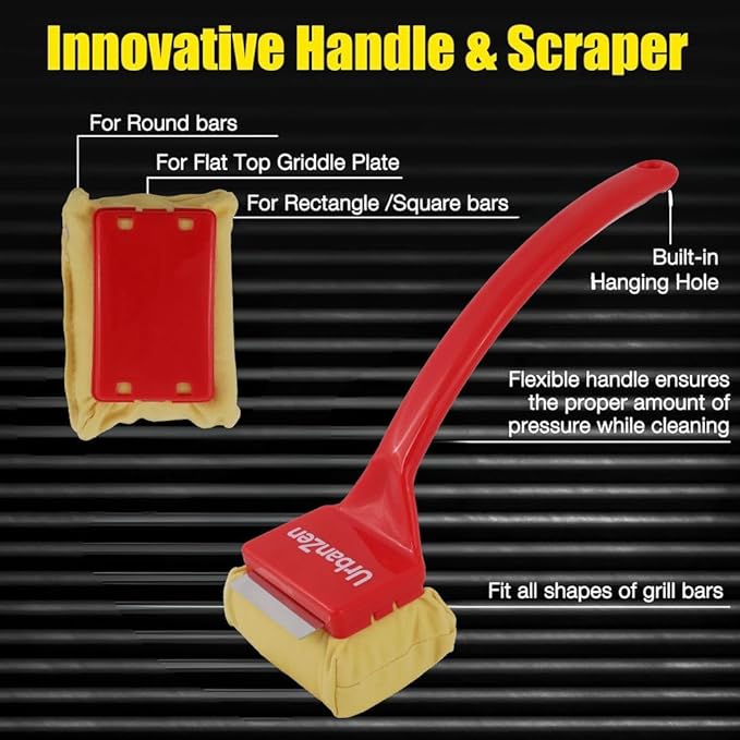 UrbanZen BBQ Grill Cleaner Brush Set with Extra 1 Sponge, Steam Grill Brush for Outdoor Grilling with Replacement Scrub Sponge + Superior Scraper, Safe No Wire Bristle BBQ Scrubber Brush for Cleaning