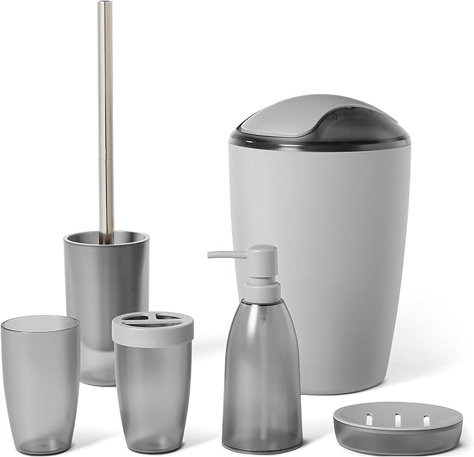 Amazon Basics 6-Piece Bathroom Accessory Set with Toothbrush Holder, Soap Dispenser, Soap Dish, Toothbrush Cup, Trash Can and Toilet Brush & Holder, Grey