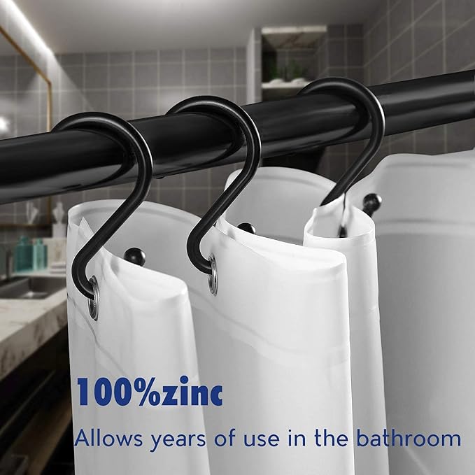 Metal Shower Curtain Hooks，Set of 12 Rings，Rust Resistant S Shaped Hooks Hangers for Kitchen Utensils, Clothing, Towels, etc. (Black)