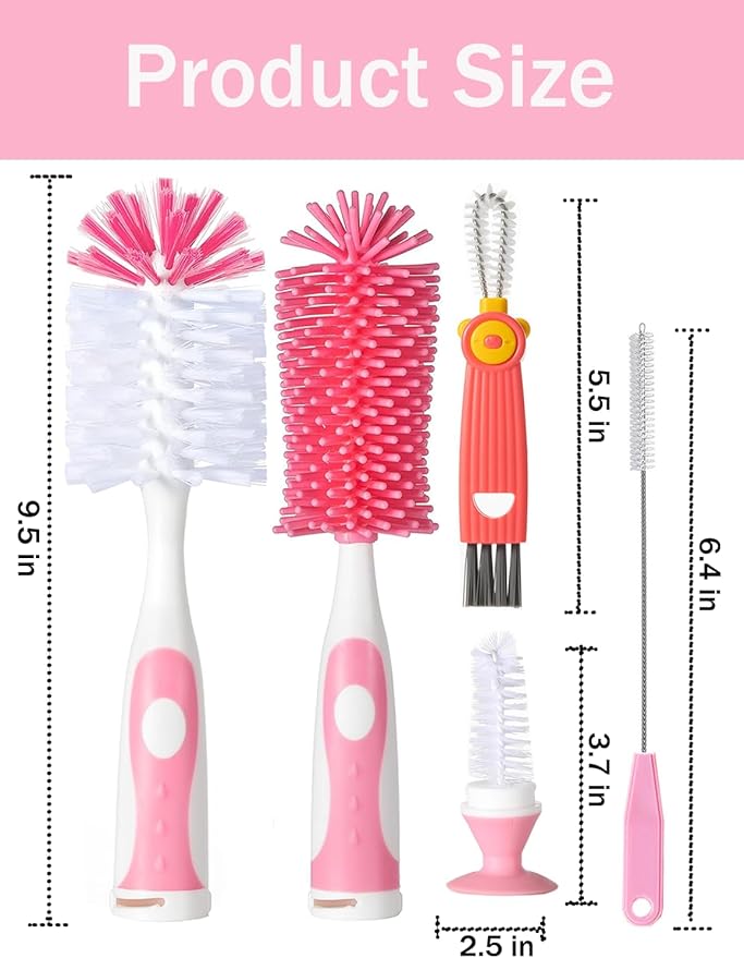 5 in 1 Bottle Cleaner Brush Set with Nylon and Silicone Bottle Brush, Straw Brush, Bottle Brush with Nipple Cleaner and Suction Cup, Cup Lid Cleaner Brushes Kit, BPA-Free (Pink)
