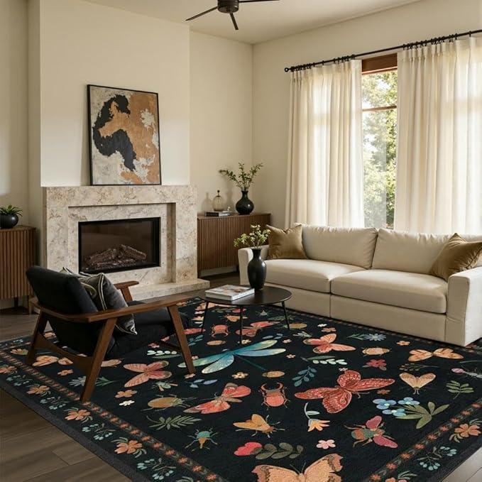 5x7 Washable Area Rugs for Bedroom & Living Room - Insect Floral Boho Vintage Rug,Soft & Non-Slip,Low Pile Wool Carpet for Indoor Dining Room,Girls Room,Nursery Room and Kids Room(Black)