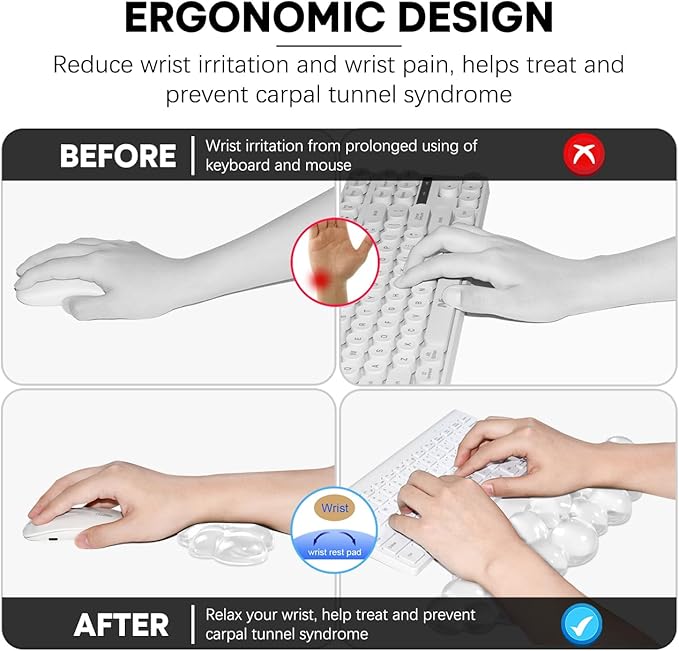 JIKIOU Clear Gel Wrist Rest for Keyboard and Mouse, Cool Silicone Mouse Wrist Rest Set, Cute Ergonomic Wrist Rest for Keyboard Typing Pain Relief, Suitable for Office Computer Laptop Gaming White