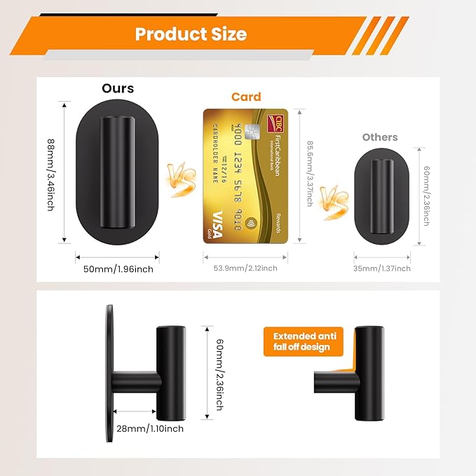 Black Adhesive Hooks Heavy Duty, Wall Hooks for Shower, Bathroom, Towel, Coat, Robe, Stainless Steel Hooks for Hanging, Waterproof & Rustproof Sticky Hooks for Walls No Damage- 2 Pack