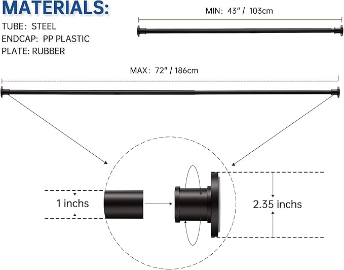 BRIOFOX Industrial Shower Curtain Rod - Rustproof Non-Slip 43-72 Inch Stainless Steel Tension Curtain Rod for Window or Bathroom, Bronze