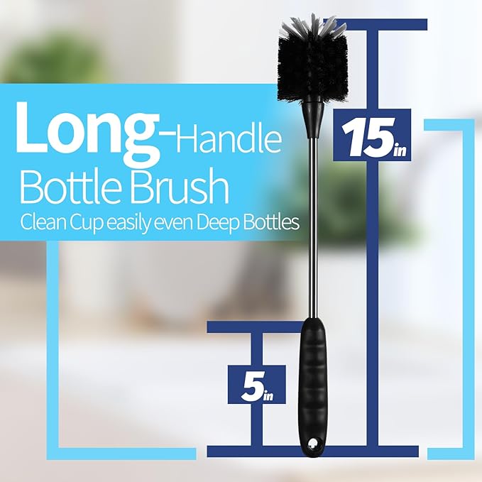 2 Pack Bottle Brush Set - 15 Inch Long Handle Bottle Brush Cleaner for Sports Water Bottles, Tumblers, Thermos, Glasswares, Coffee Mugs