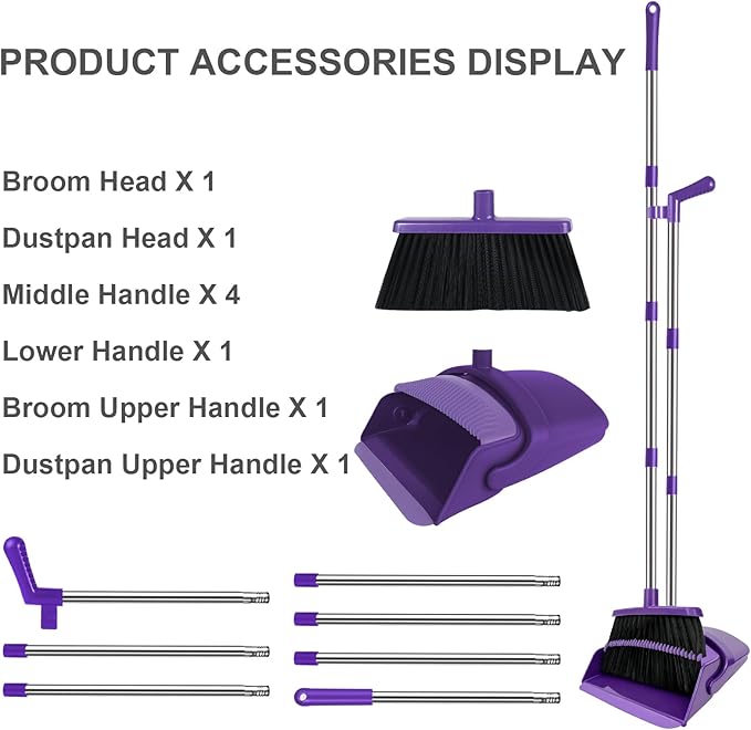 Purple Broom with Dustpan Combo Set, 51" Long Handle Household Kit for Home for Pet Hair