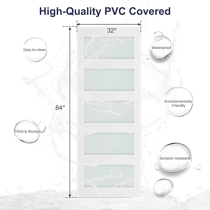 SmartStandard 32 x 84 inch Glass Barn Door with 6FT Brushed Nickel Sliding Hardware Kit & Handle, Pre-Drilled Ready to Assemble, Waterproof PVC Coating, White, 5-Panel Glass