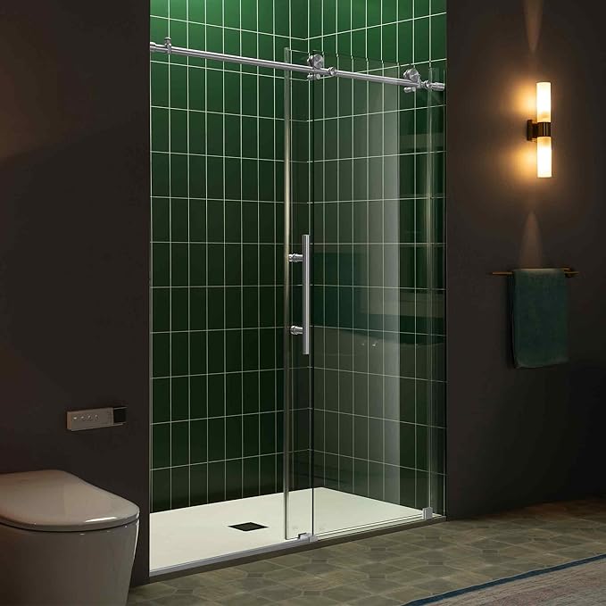 Woodbridge 56-60" W x 80" H Frameless Single Sliding Shower Door with Tempered Glass & Explosion Proof Film in Chrome Finish