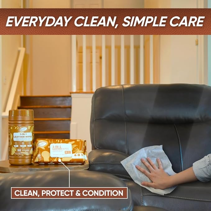 Air Jungles 3in1 Leather Wipes 50 Count (Pack of 2), Extra Large 8" x 10" Size, Clean Condition Protect Wipes for Leather Car Seat, Furniture Couch, Shoes Boots Bags Purse Apparel
