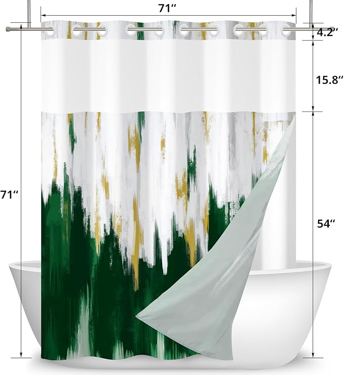No Hook Shower Curtain with Snap in Liner, Hotel Style Dark Green White Gold Brush Strokes Art Modern Shower Curtain Waterpoof Washable with See Through Top Window,71"x71"