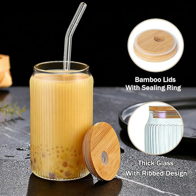 2 PCS Glass cups with Lids and Straws, 16 OZ Iced Coffee Cups, Ribbed Glass Tumbler with Straw and Bamboo Lid, Thick Drinking Beer Glasses for Coffee, Juice, Match Cup with Cleaning Brush (Clear)
