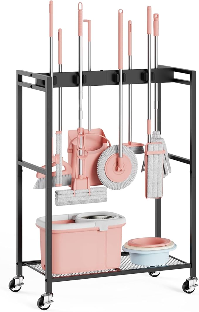 Broom and Mop Holder, Broom Closet Storage Cabinet, Cleaning Cart with Broom and Mop Hanger, Janitorial Cart with Wheels for Household, Laundry Room Organization