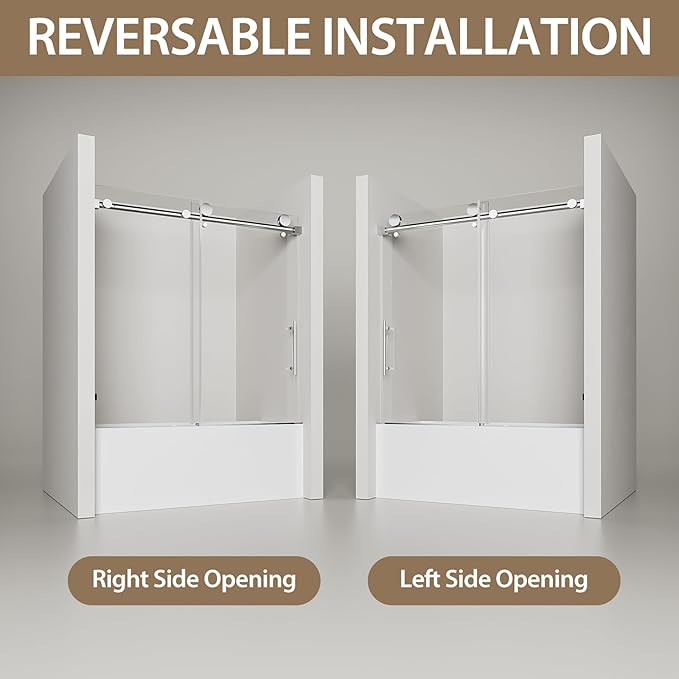 Frameless Bathtub Shower Doors 56-60" W x 60" H, 5/16" Tempered Glass Sliding Shower Door for Bath Tub with Explosion-Proof Film and Nano-Coating, Stainless Steel Components in Chrome