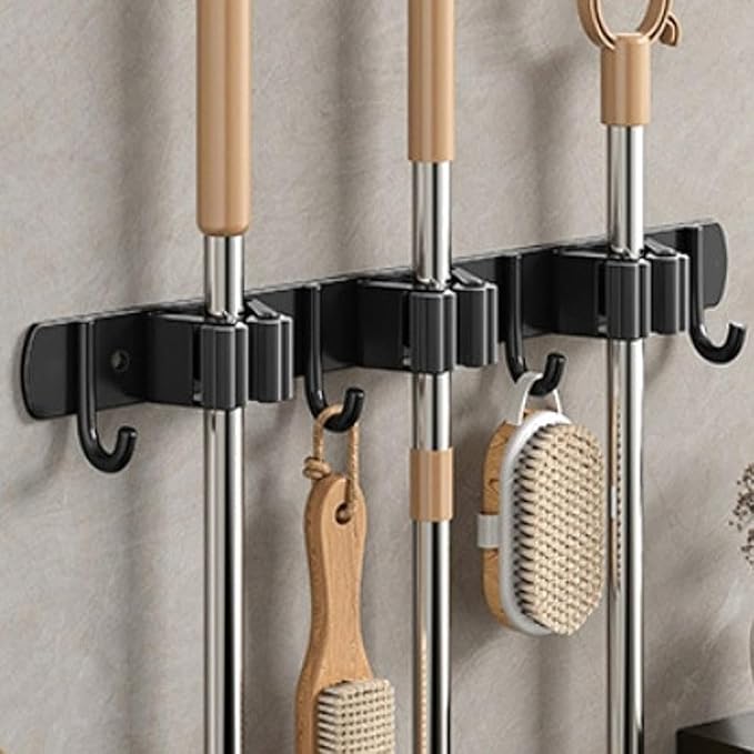 Wall Mount Mop and Broom Holder – Heavy Duty SUS304 Stainless Steel Organizer with 4 Hooks & 3 Clips – Space Saving Storage Rack for Kitchen, Bathroom, Garage, Laundry Room