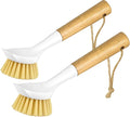 Dish Brush Set with Bamboo Handle, Kitchen Brushes for Cleaning Pot, Sink and Stove, Skillet Scrubber with Tough Bristles for Cast Iron Grill Pan, 2 Pack