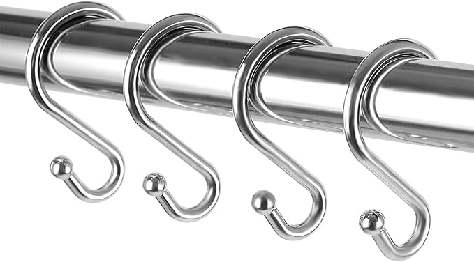 Metal Shower Curtain Hooks，Set of 12 Rings，Rust Resistant S Shaped Hooks Hangers for Shower Curtains, Kitchen Utensils, Clothing, Towels, etc. (Chrome)