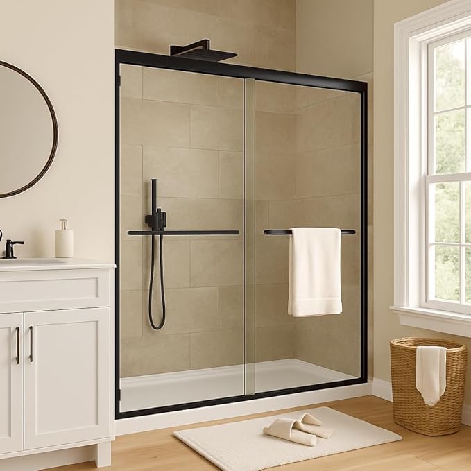 56"-60" W x 72" H Double Sliding Shower Door - Semi-Frameless Bypass Bathroom Door with 1/4" Tempered Glass, Matte Black Finish, for Walk-in Shower & Bathroom