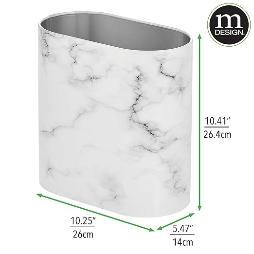 mDesign Slim Pill-Shaped Metal 1.98 Gallon/7 Liter Recycle Trash Can Wastebasket, Garbage Container Bin - Bathroom, Kitchen, Bedroom, Office - Durable Stainless Steel, Mirri Collection, White Marble
