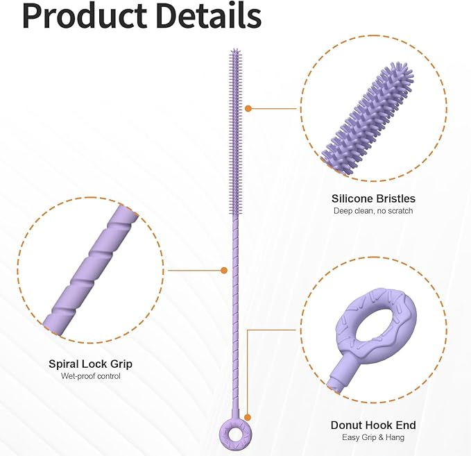 2Pcs Silicone Straw Cleaner Brush, Dual-Size Brushes (6mm Slim & 9mm Wide), Clean for Reusable Straws, Cups and Tumblers, Durable & Eco-Friendly, Purple