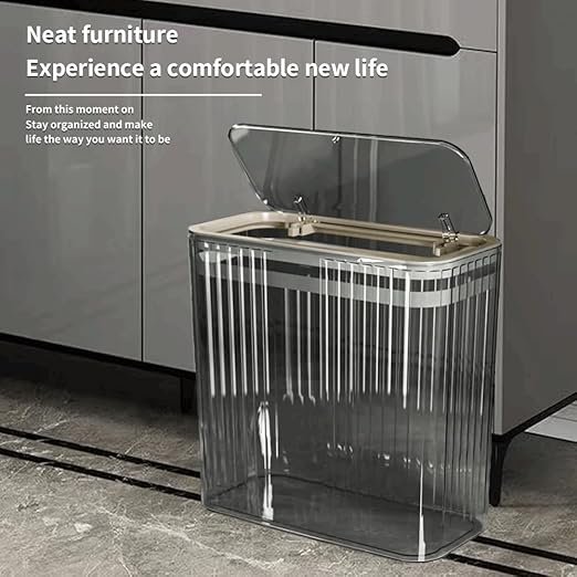Bathroom Trash Can with Lid3.5 Gallon Garbage Can，for Bedroom, Office, Plastic Slim Waste Basket with Press Top Lid, 15l Clear Trash Bin for Home Slim Trash Bin Clear, Kitchen(Gray)