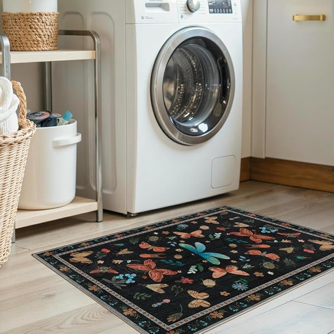 2x3 Washable Rug,Small Door Mat Floral Entryway Rug, Boho Front Door Mat, Non Slip Area Rugs, Low Pile Throw Accent Carpet for Indoor Entrance, Bathroom and Kitchen(Black 2x3ft)