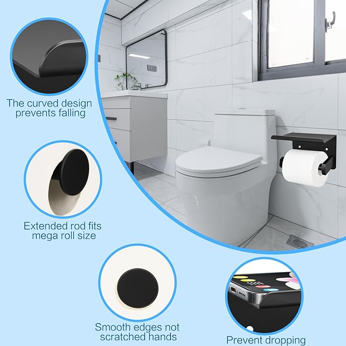 1pcs Matte Black Toilet Paper Holder with Shelf, Screw or Self Adhesive Toilet Paper Holder Wall Mount