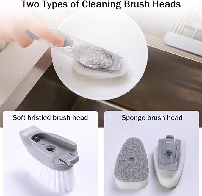 Soap Dispensing Dish Brush with Holder, Kitchen Pot Pan Scrub Brush Set with Replaceable Brush Head, Sink Cleaning Brush with Storage Tray (2-piece Brush Head Set)