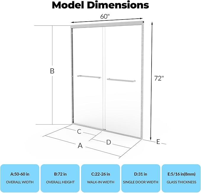 56"-60" w x 72" H Double Sliding Shower Door, Semi-Frameless Bypass Bathroom Door with 5/16" Tempered Glass,Brushed Nickel Finish for Walk-in Shower