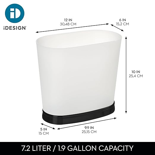 iDesign Slim Bathroom Trash Can, Small Plastic Garbage Can for Bedroom, Office, Desk, or Dorm, Frost/Matte Black