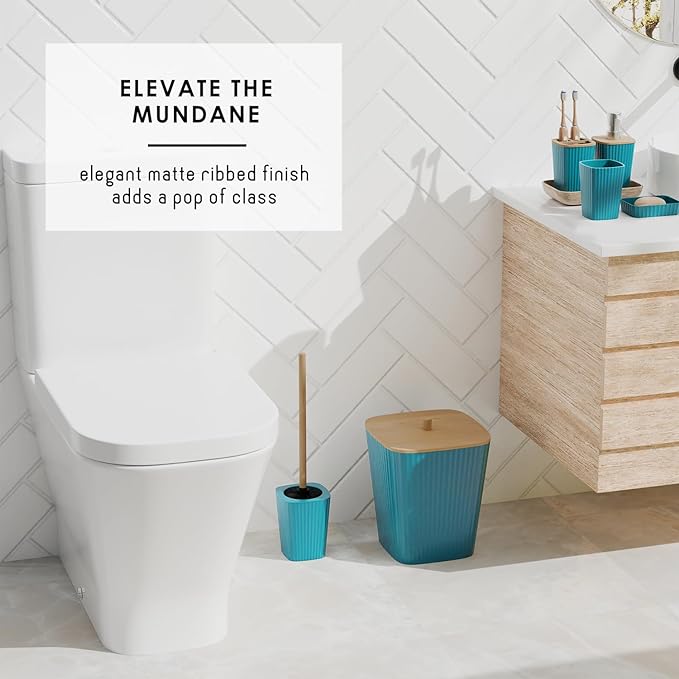 Clara Clark Bathroom Accessories Set - Bathroom Set with Adhesive Corner Shower Caddy Hanging, 25PC Bathroom Accessory Set, Teal Shower Curtain Set, Toilet Brush, Trash Can & Soap Dispenser