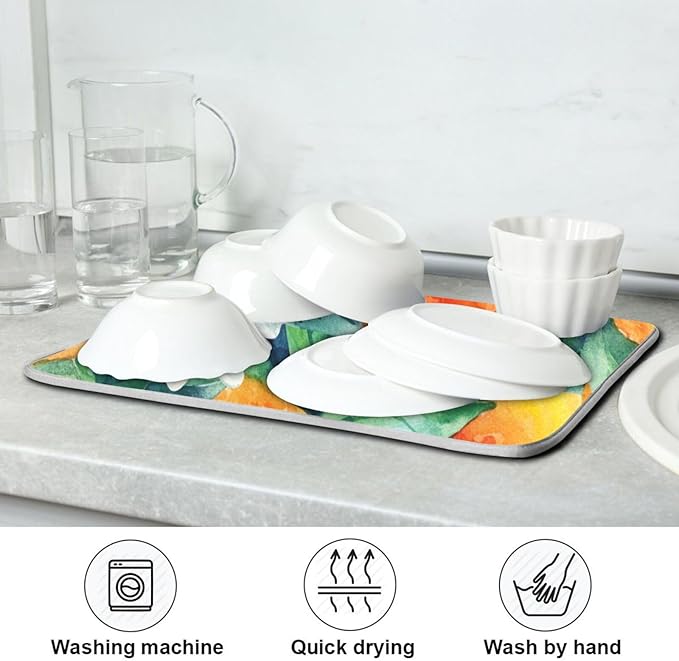 Tarity Watercolor Orange Dish Drying Mat for Kitchen Counter Absorbent Heat Resistant Microfiber Dishes Drainer Mat 18x24 in Large Dish Pad Sink Mat Protective Pad Kitchen Decor
