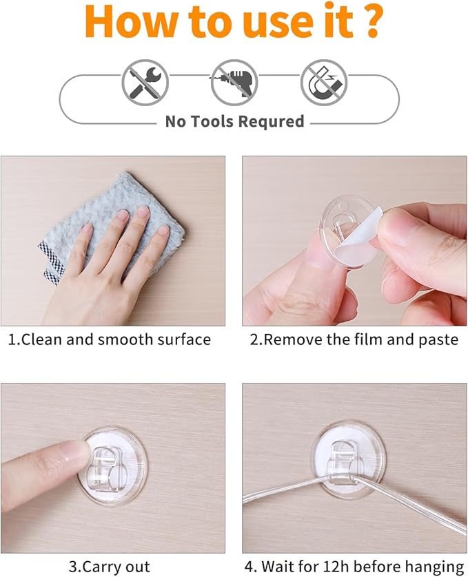 100 Clear Mini Light Clips: Small Hooks with Adhesive Strips for Indoor String Light - Plastic Damage Free Wall Hook for Hanging Tiny Fairy Christmas Light Cable Hangers Decoration Decor