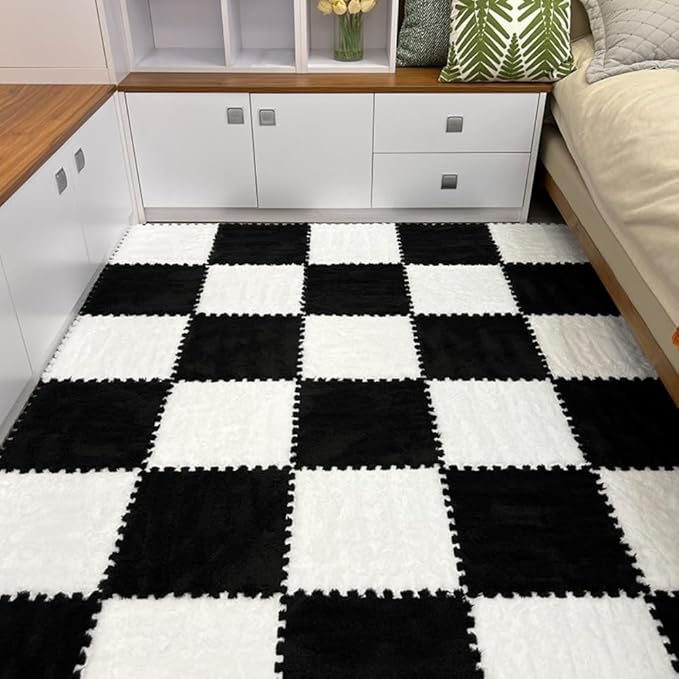 12Pcs Interlocking Carpet Tiles,12"x 12" Plush Interlocking Foam Carpet Tiles with Border,Fluffy Play Mat Floor Tiles Thick Padded Squares Foam Tiles for Playroom Decor (White+Black)