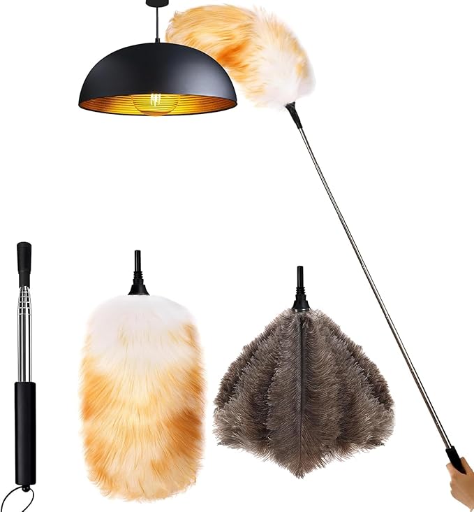 Lambswool Feather Duster with Extension Pole up to 57.5 inch,Extendable Feather Duster Used for Cleaning High Ceiling Fan, High Ceilings,Furniture,Hard to Reach Areas