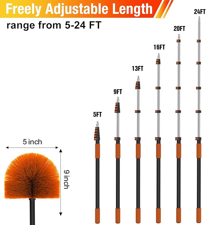 24FT Cobweb Duster with Extension Pole, Spider Web Brush for Cleaning Extendable, Professional Ceiling and Corner Dusters for Outdoor Indoor Use