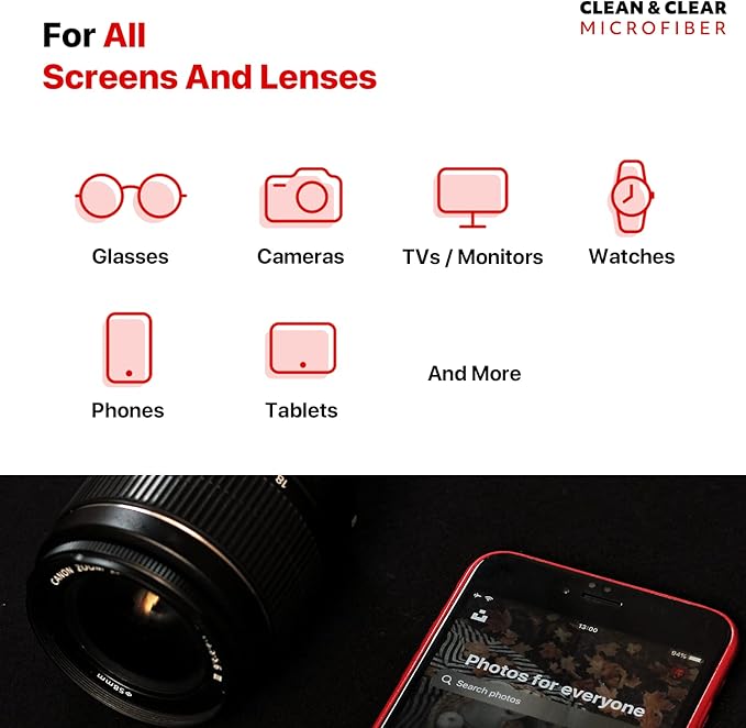 Clean & Clear Microfiber Cleaning Cloth, Extra Large [12 Pack] Ultra Premium Microfiber Cleaning Cloth - Microfiber Cloth for Camera Lens, Glasses, Screens, and All Lens.