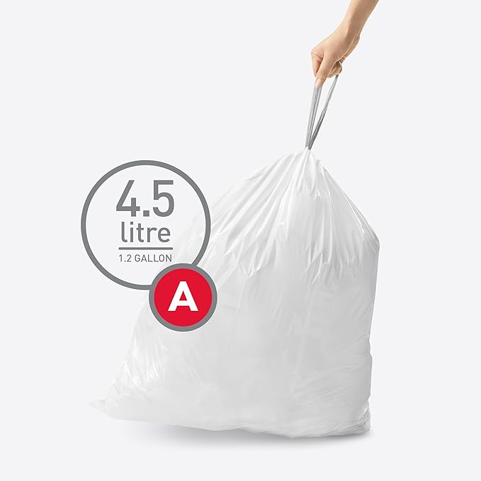 simplehuman Code A,Dispenser Pack Custom Fit Liners,Drawstring Trash Bags,4.5 Liter / 1.2 Gallon,White,150 Count (Pack of 2)