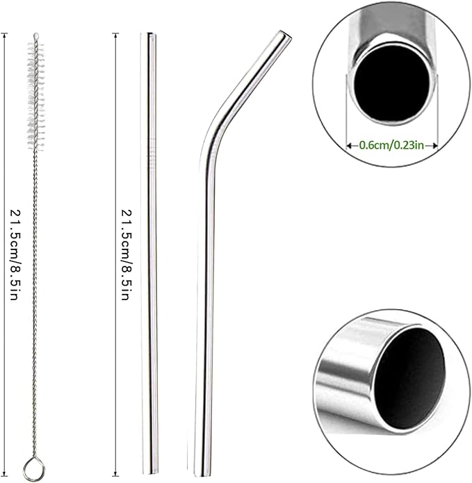 16 Pack of Reusable Stainless Steel Metal Straws, 8 Straight + 8 Bent 8.5 inch Metal Straws with 2 Cleaning Brushes, Straw Compatible with 20oz Stanley Cup