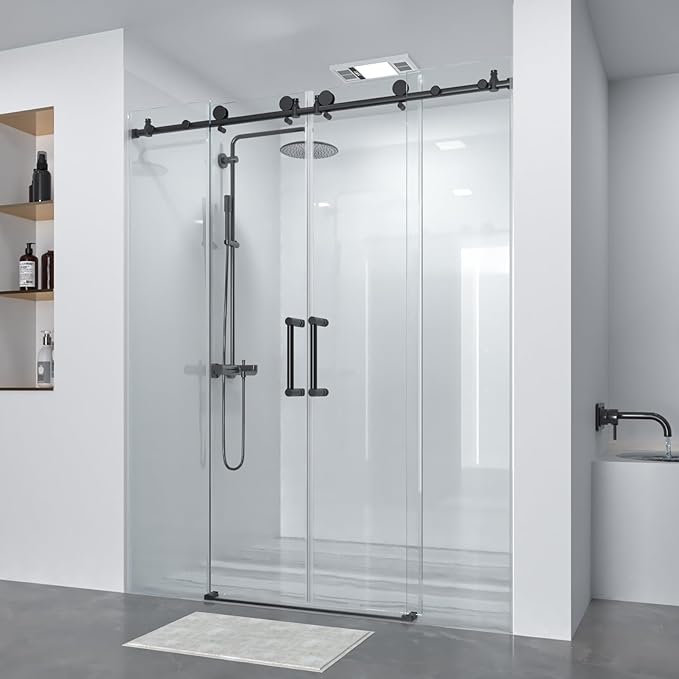 Double Sliding Shower Door 60" W x 74" H, Frameless Shower Enclosure 5/16" (8mm) Clear Tempered Glass, Stainless Steel Circular Guide Rail, Matte Black Finished