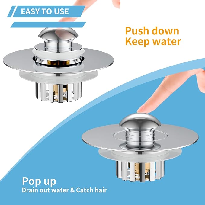Universal Tub Stopper for Bathroom Sink & Bathtub Drain, 2-in-1 Pop Up Drain Stopper with Hair Catcher, Brass Anti-Clog Bathroom Sink Drain Strainer, Easy to Clean, Fits 1.5" to 1.8" Drain Holes
