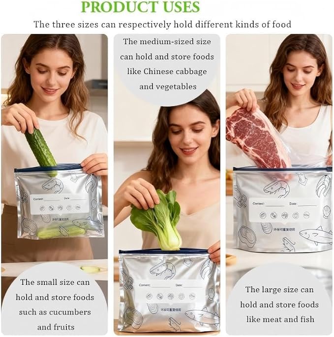 Reusable Aluminum Foil Sealable Storage Bags, 2026 New Resealable Vacuum Zipper Pouches for Food, Stand Up Foil Sealable Bags with Label and Zip Lock for Vegetable Fruit Meat (30PCS, Small)
