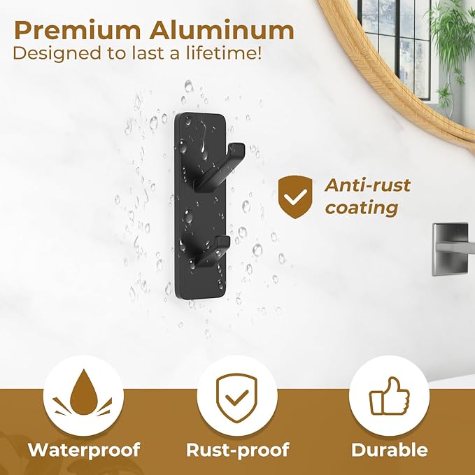 Black 6 Pack Aluminum Coat Hooks, Heavy Duty Self Adhesive Hooks for Hanging, 13LB Capacity, Bathroom Towel Shower Kitchen Door Hooks, 6 Pack