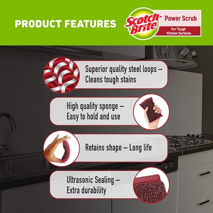Scotch-Brite Power Scrub with Steel mesh for Utensil Cleaning- for Tough Stain Removal- Pack 5