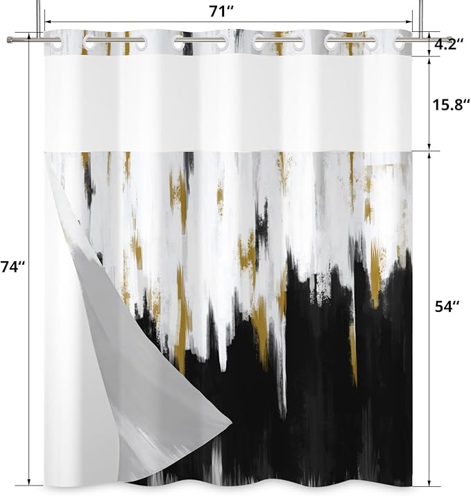 No Hook Shower Curtain with Snap in Liner, Hotel Style Black White Gold Brush Strokes Art Modern Shower Curtain Waterpoof Washable with See Through Top Window,71"x74"