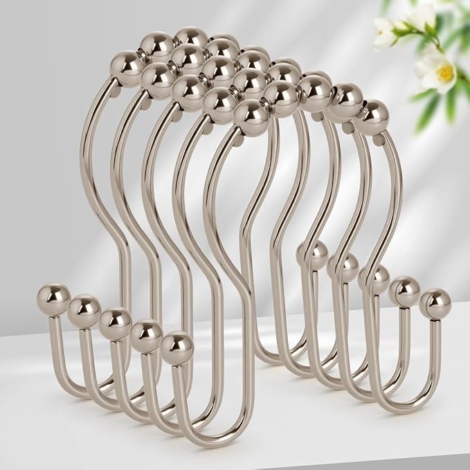 Double Shower Curtain Hooks, Sturdy Metal Nickel Shower Curtain Rings, Glide Roller Shower Hooks,Rust Proof Anti-Drop Curtain Hooks, 12 Pcs Smooth Sliding Rings for Bathroom Shower Rods Curtains