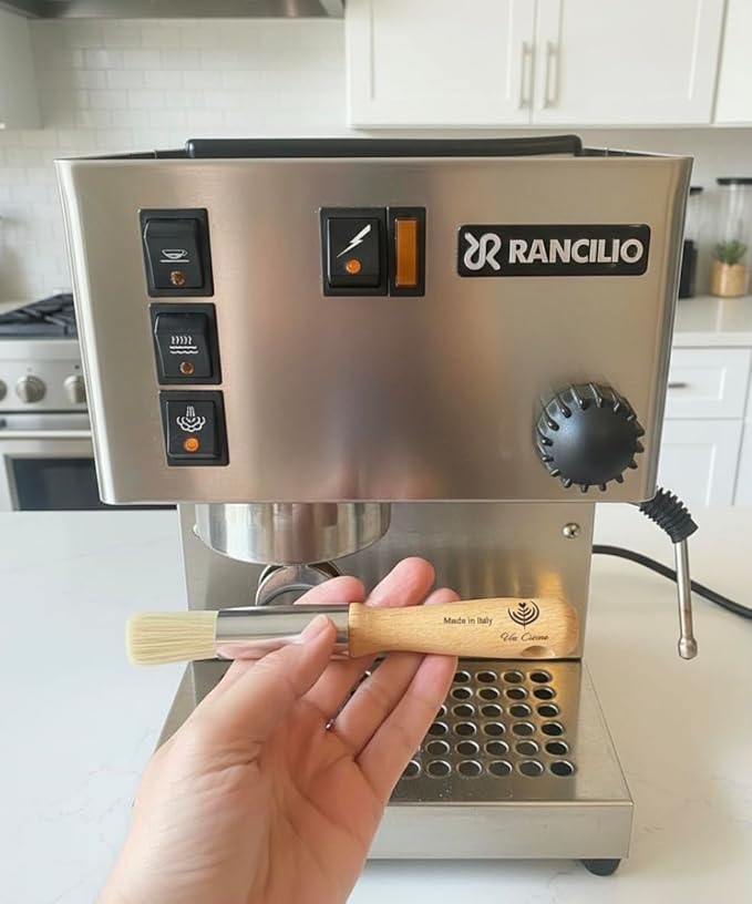 Coffee Machine Cleaning Brush for Portafilter and Grinder with Nylon Bristles, Wood Handle, Brown, Made in Italy