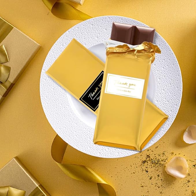 100 PCS Chocolate Bar Foil Wrappers, 11 x 7.9 Inch Aluminum Foil Candy Wrappers with 120PCS Thank You Stickers, Chocolate Bar Packaging Papers for Gift Wrapping, Gold